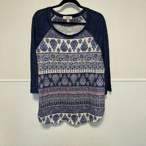 Women's Moa Moa Top Blouse Size 1X blue 3/4 sleeve plus size polyester